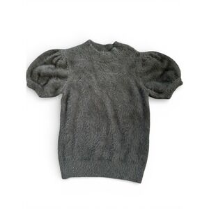 CeCe Grey Eyelash Knit Puff Sleeve Sweater Top Small Charcoal Fuzzy Short Sleeve